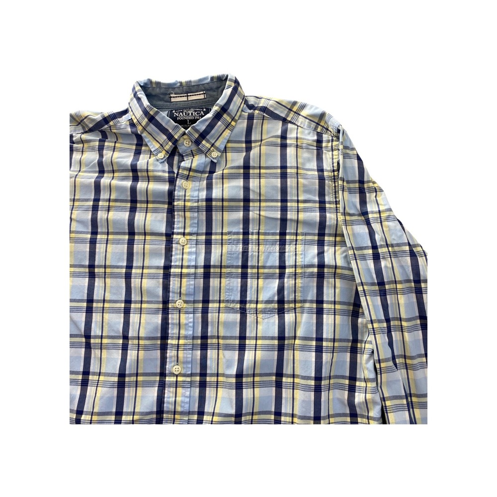 Nautica Mens Plaid Button Down Shirt Long Sleeve Sz L Blue Yellow Cotton Casual‎